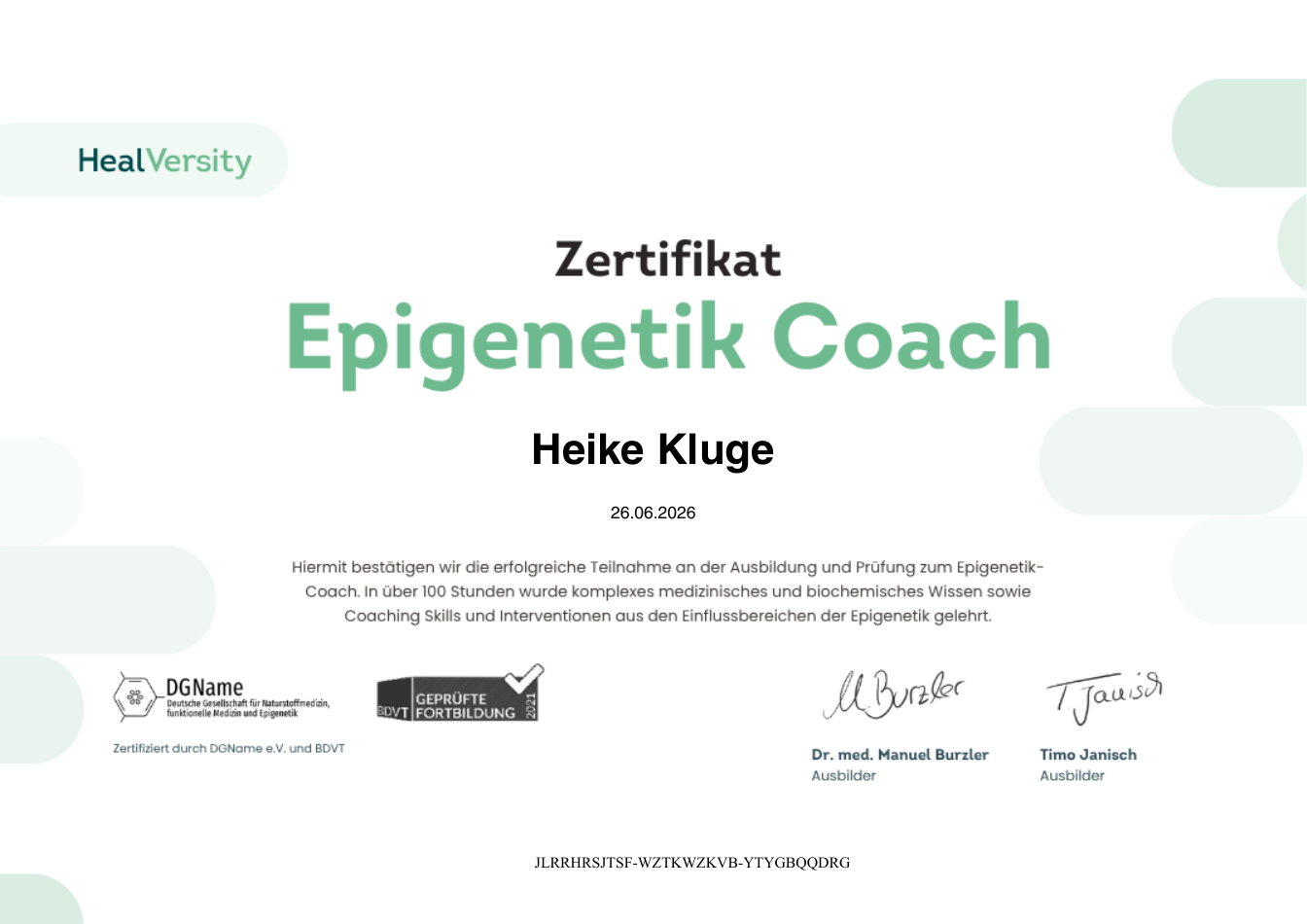 Zertifikat Epigenetik Coach für Heike Kluge